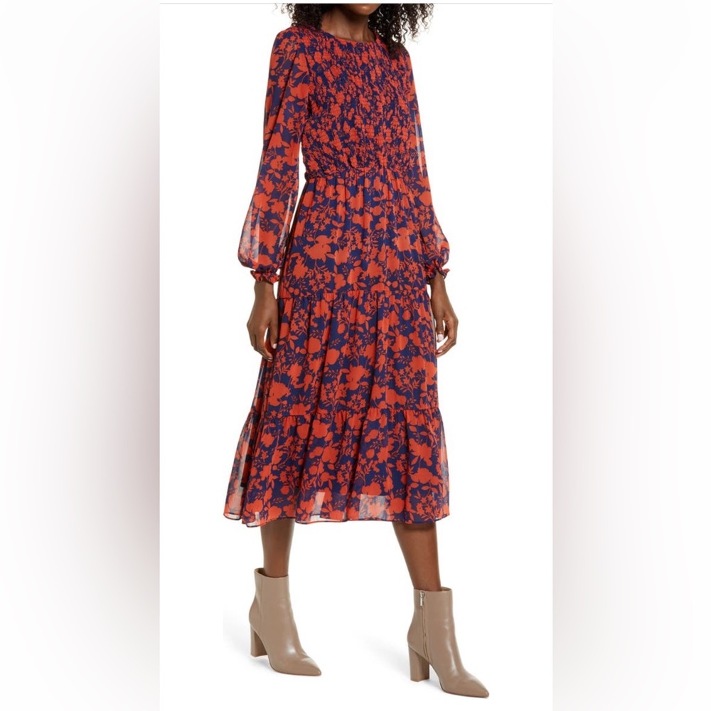 Julia Jordan Floral Long Sleeve Chiffon Midi Dress